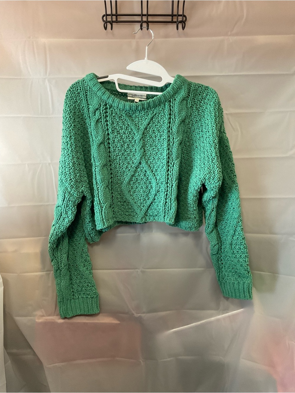 bohme Cropped Cable Knit Sweater in Teal Green